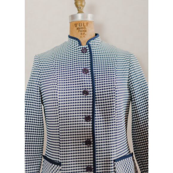 Vintage 60s navy white houndstooth blazer, classy mandarin collar, Pockets, sm - Picture 10 of 11